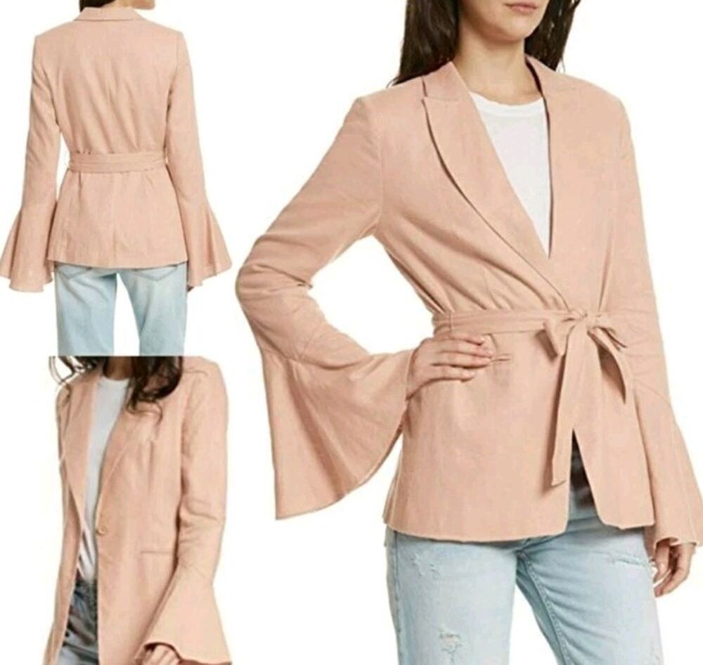 Free People Beige Linen-Blend Belted Blazer Jacket With Flared Sleeves Size S